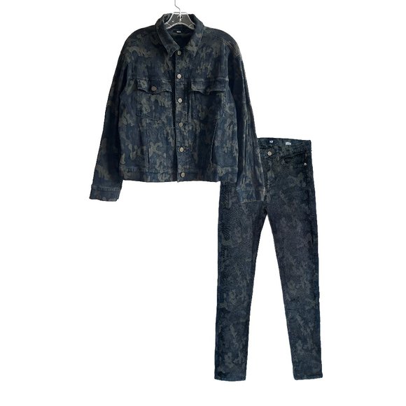 Made Gold dark green olive camo denim coord set skinny jeans + jean jacket